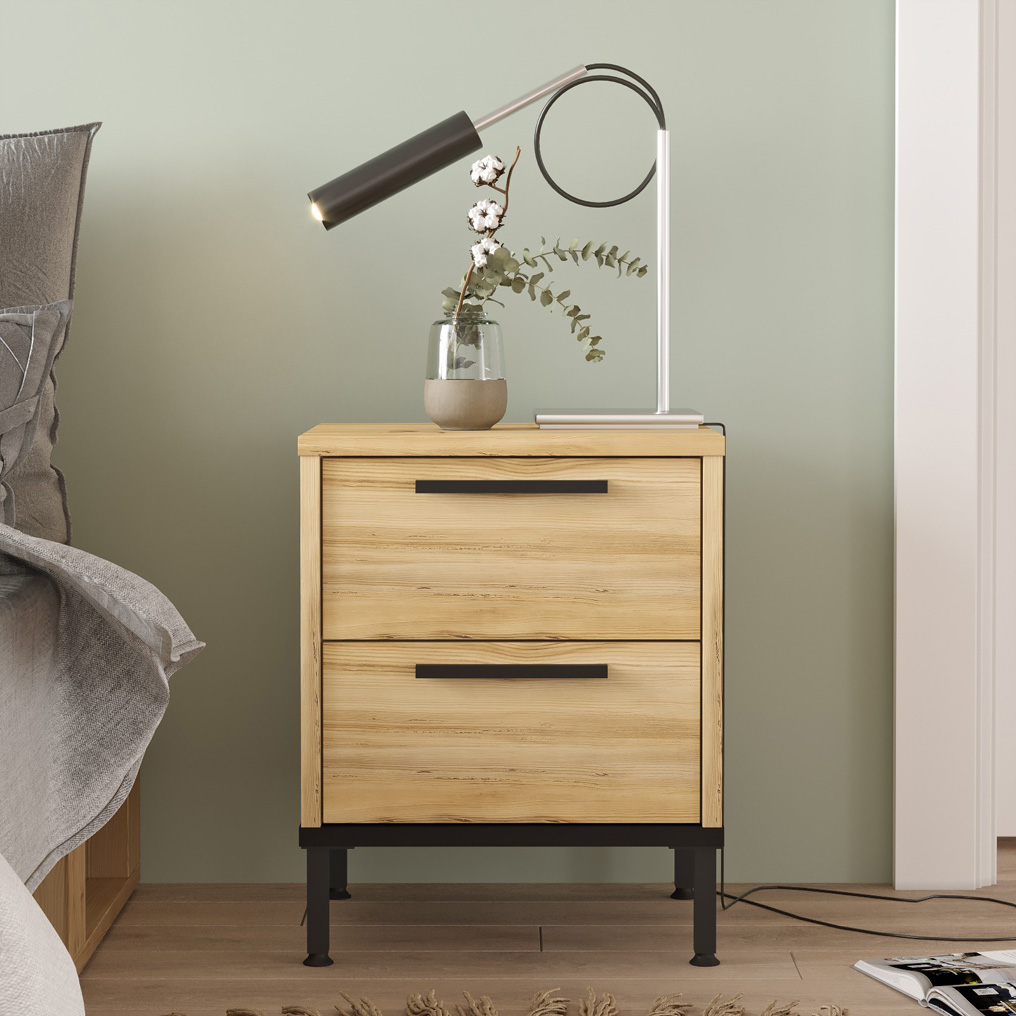 Particle Board Nightstand with 2 Drawers LV24-KL Oak, Black 921YRD1148 W40xH48,8xD35,5 cm