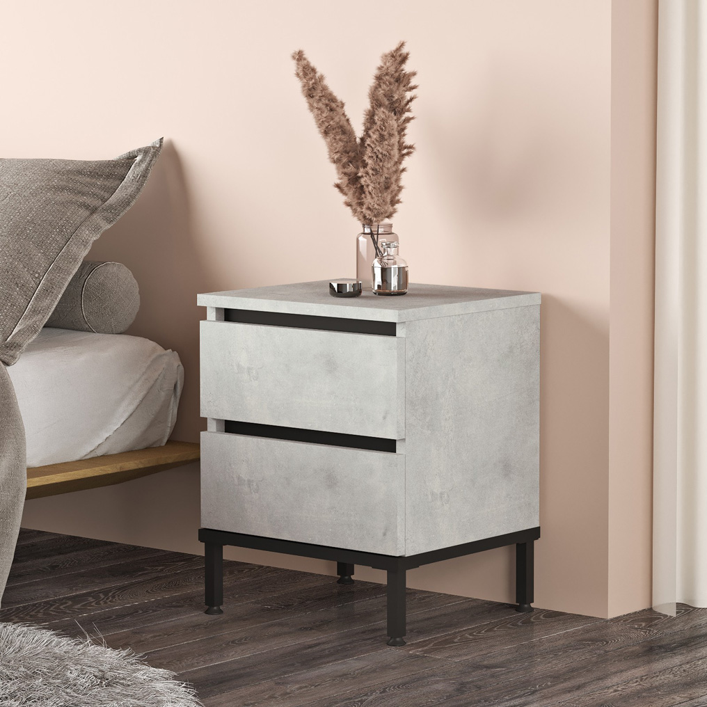 Particle Board Nightstand with 2 Drawers LV25-TL Silver, Black 921YRD1149 W40xH48,8xD35,5 cm