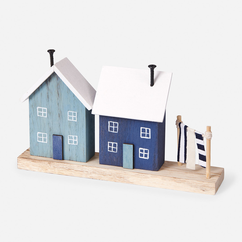 Wooden decoration with houses blue / natural 20x12x4 cm