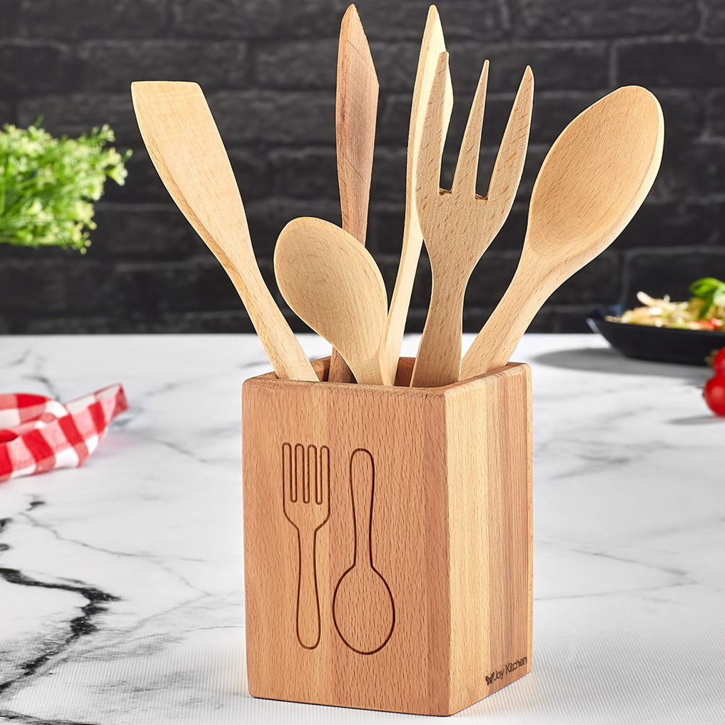 Kitchenware stand 9x9x14 cm + 5 Wooden tools UP00678