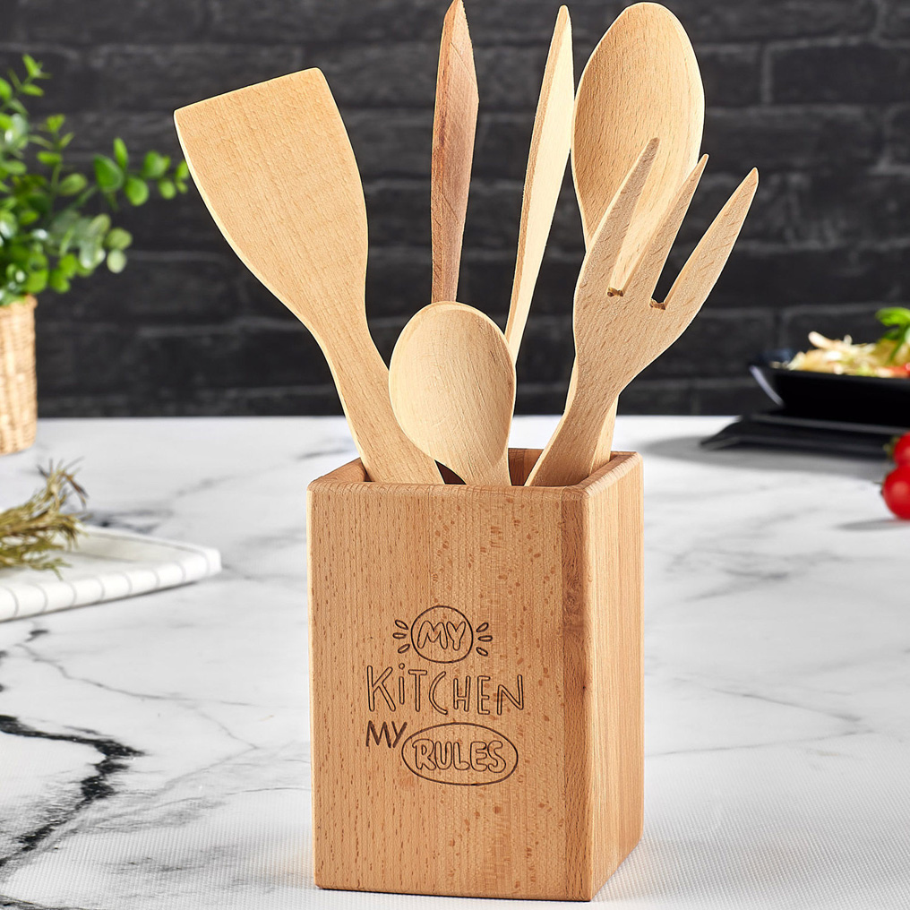 Kitchenware stand 9x9x14 cm + 5 Wooden tools UP00684