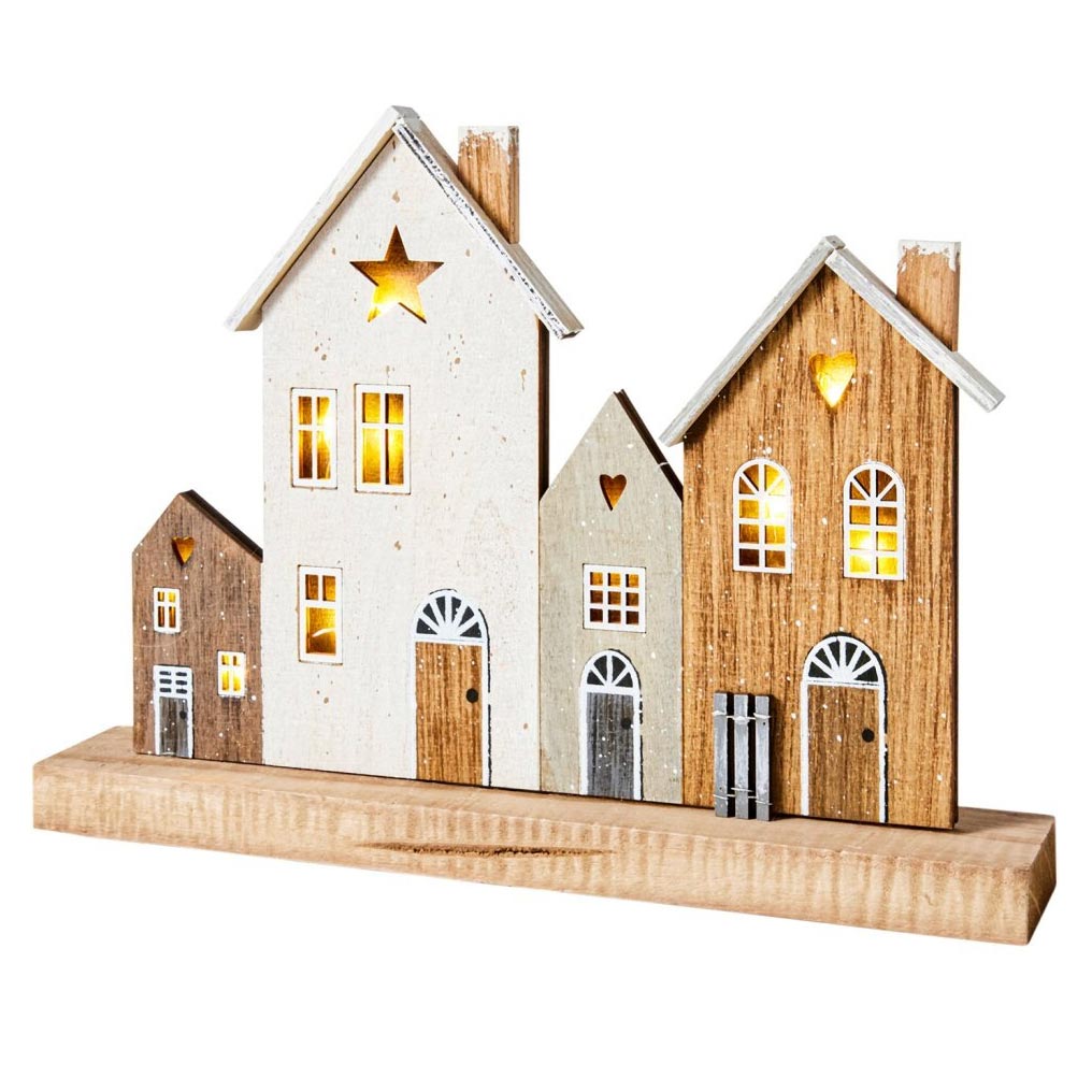 Wooden decoration Houses with LED 29,5x22x5 cm.