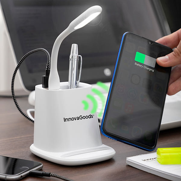5-in-1 wireless charger with organiser-stand & USB LED lamp Desking InnovaGoods 