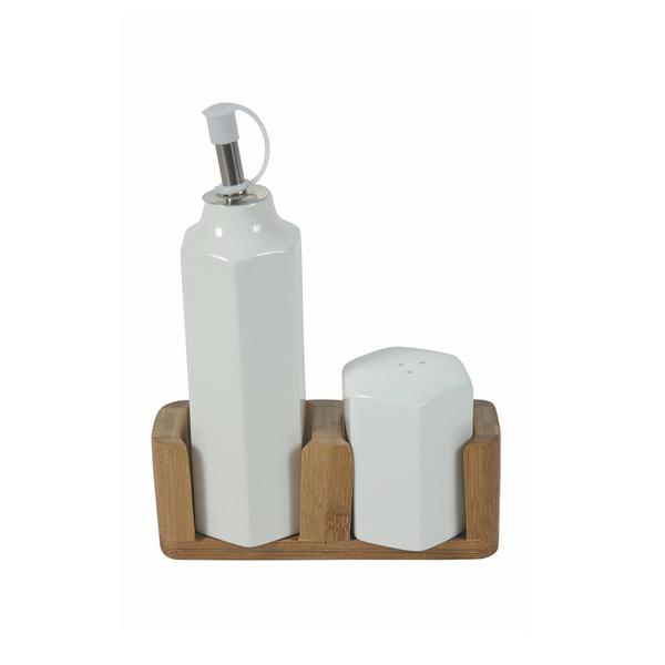 Porcelain oil and salt shaker with wooden base 14x5x2 cm 
