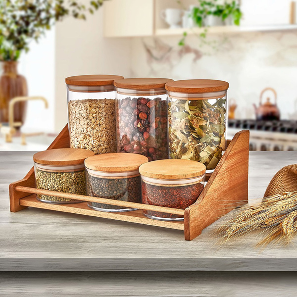 Spice jar rack set Transparent Plastic Wood 23,4x34x16,4 cm 800 ml, 400  ml pcs 619PLS1126
