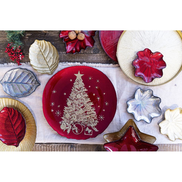 Christmass tree plate glass red / gold 34x2,5 cm Galileo 
