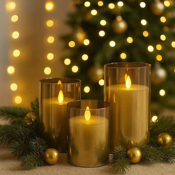 LED candles warm white light D: 7,5 cm Gold Galileo 3 pcs 