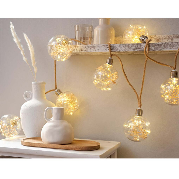 Rope light with 8 balls & dried flowers 219 cm 