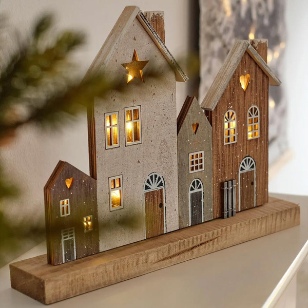 Wooden decoration Houses with LED 29,5x22x5 cm. 