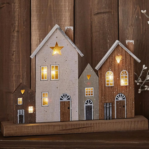Wooden decoration Houses with LED 29,5x22x5 cm. 