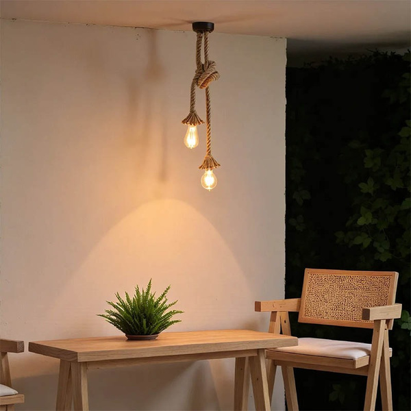 Φωτιστικό οροφής δίφωτο Ropily I pakoworld 2 x E27 60W φυσικό μέταλλο-σχοινί Φ2x100εκ 