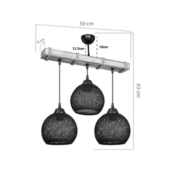Φωτιστικό οροφής τρίφωτο Fiona pakoworld Ε27 μαύρο-φυσικό 50x20x63 εκ. 