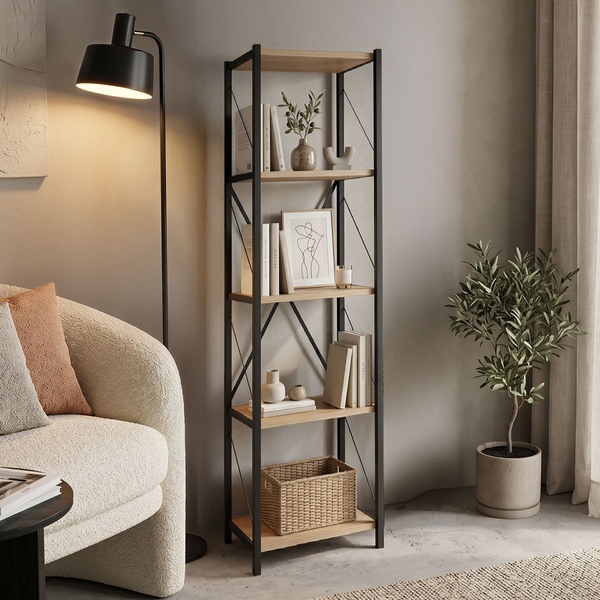 Βιβλιοθήκη Glase pakoworld oak μελαμίνης-μαύρο μέταλλο 40x30x150 εκ. 