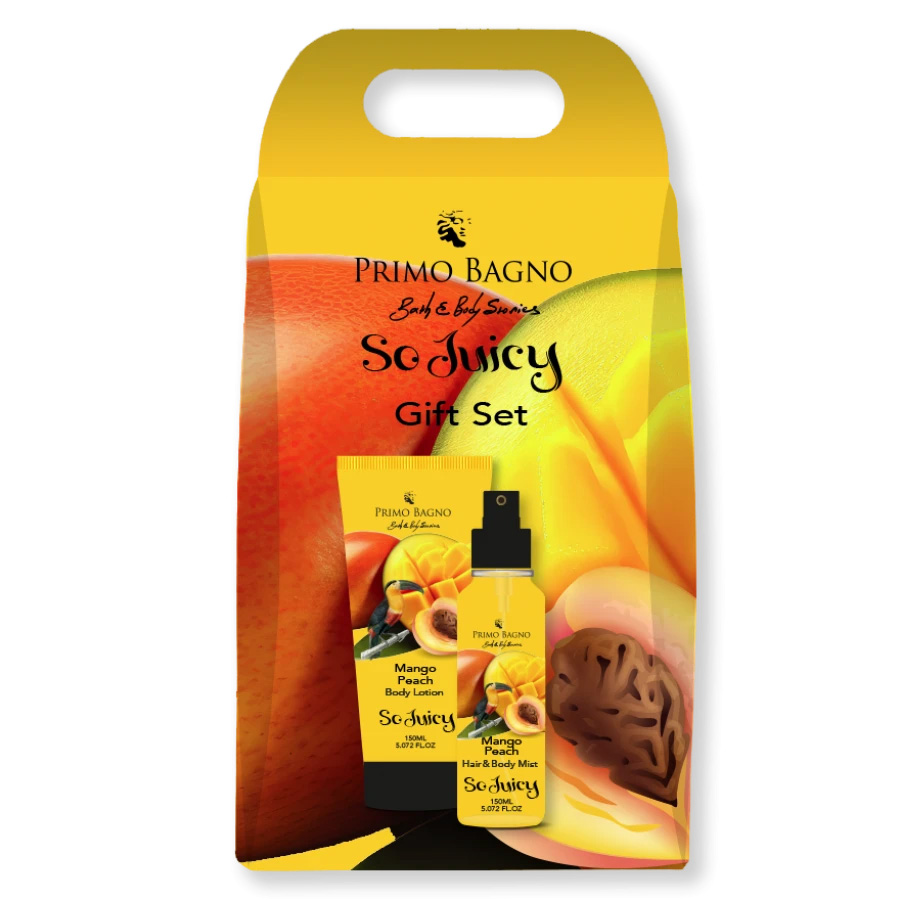 Paper bag with mango peach body lotion 150 ml & hair body mist 150 ml Primo Bagno