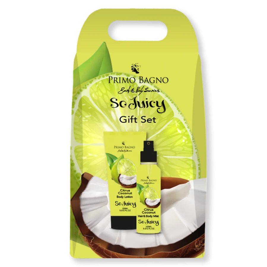 Paper bag with citrus coconut body lotion 150 ml & hair body mist 150 ml Primo Bagno