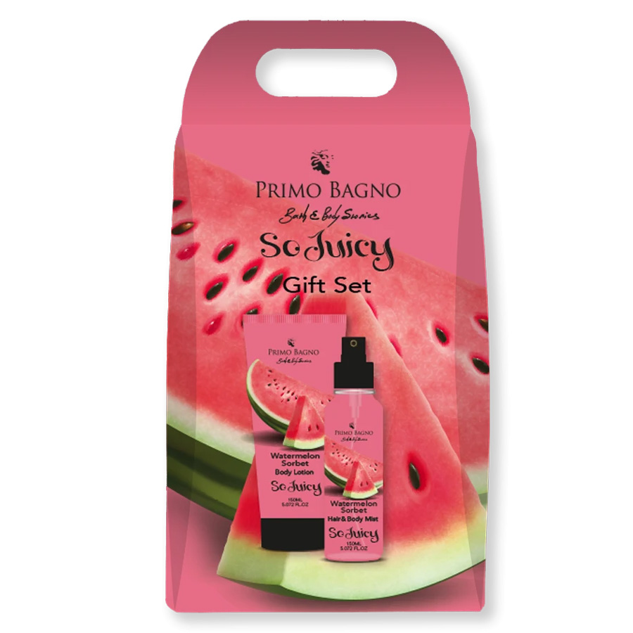Paper bag with watermelom body lotion 150 ml & hair body mist 150 ml Primo Bagno