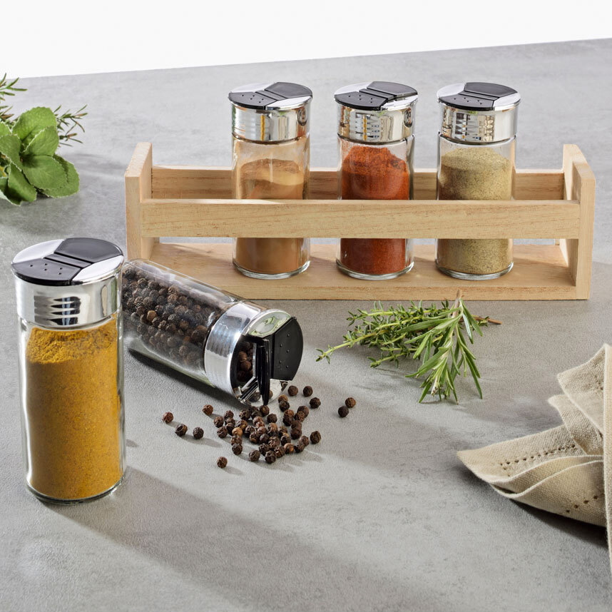 Glass containers for spices with wooden base 5 pcs 25,5x7x6 cm
