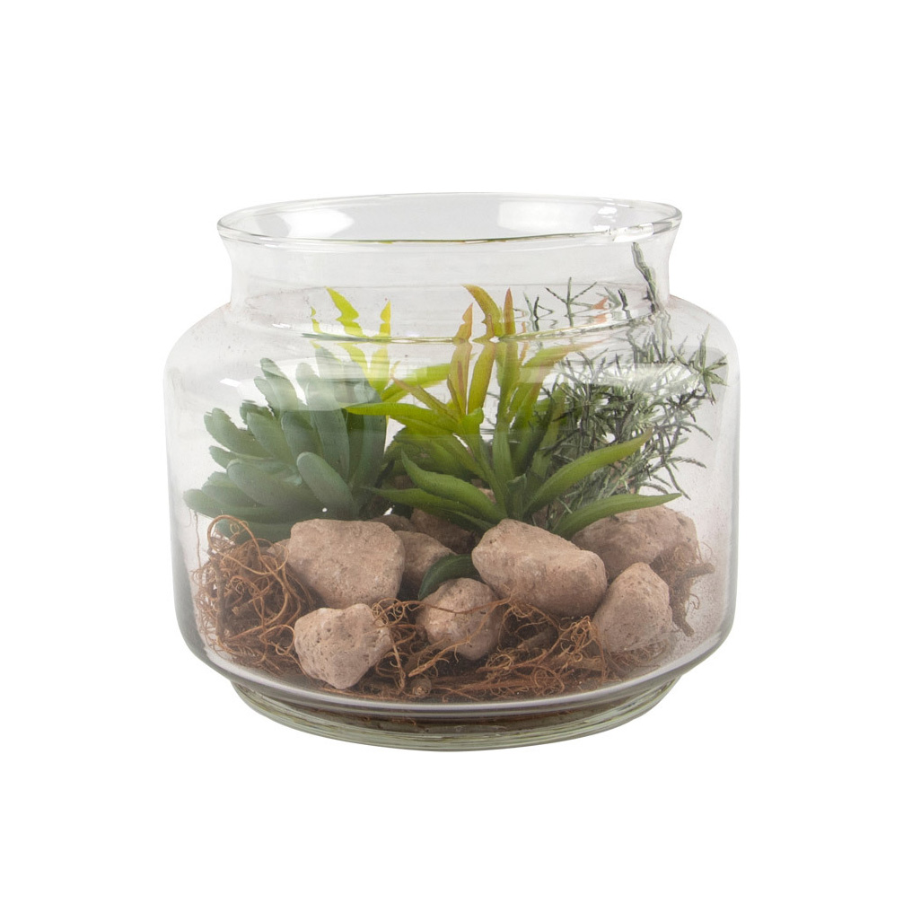 Glass container with synthetic succulents 16x13 cm