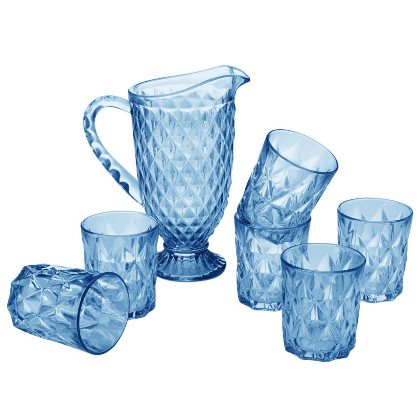 Glass jug 1lt + 6 glasses 250 ml blue