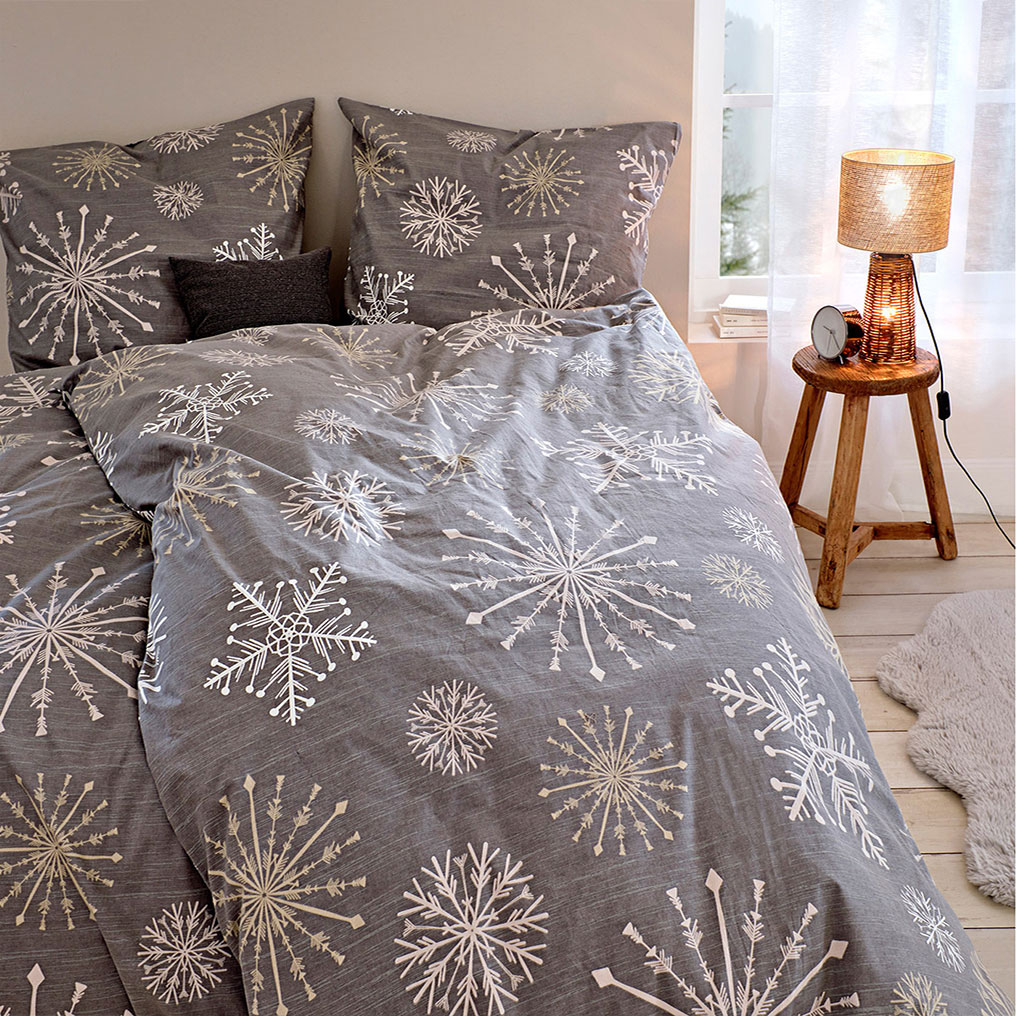 Σετ μονή παπλωματοθήκη Χιονονιφάδες 135x200 εκ. + Μαξιλαροθήκη 80x80 εκ. 100% Βαμβάκι Γκρι