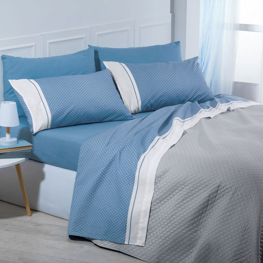 Double bed sheets Pois 100% cotton Light blue set of 6