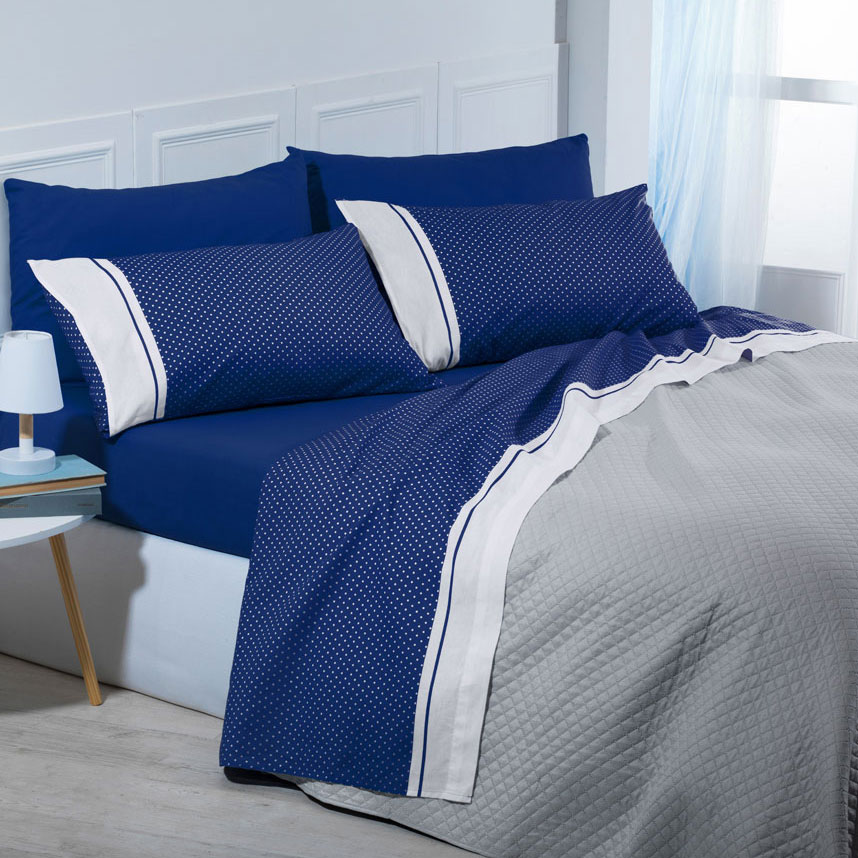 Double bed sheets Pois 100% cotton Blue set of 6