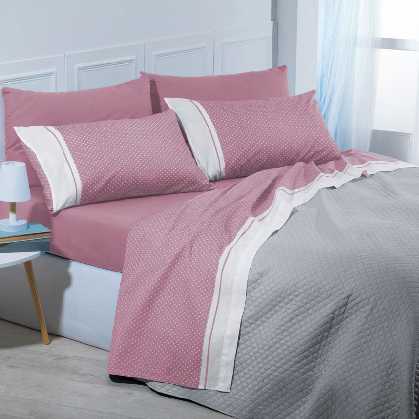 Double bed sheets Pois 100% cotton Pink set of 6